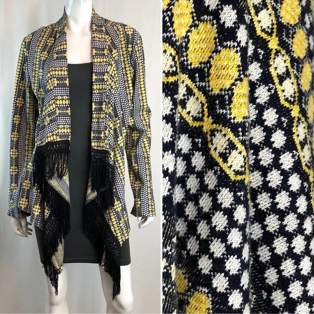 Basically Me Women’s M/L Black Yellow Fringe Tassel Kimono Draped Sweater Jacket